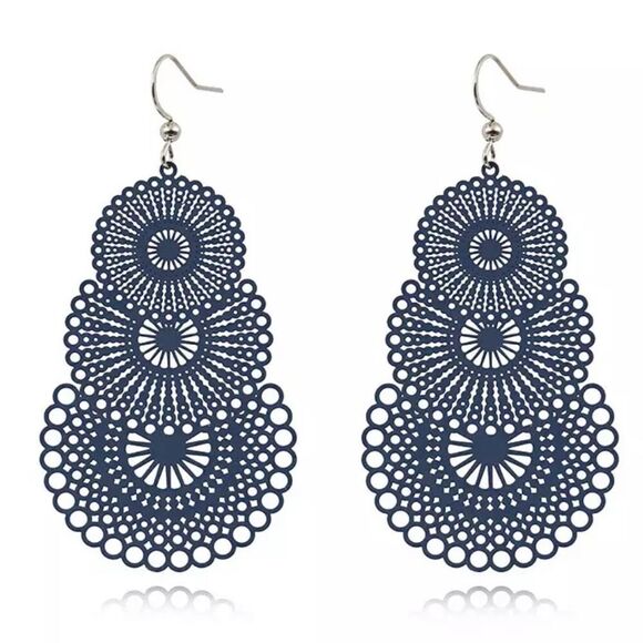 Vintage Style Boho Filigree Tiered Circle Navy Dark Blue Drop Earrings NWT - Picture 1 of 8